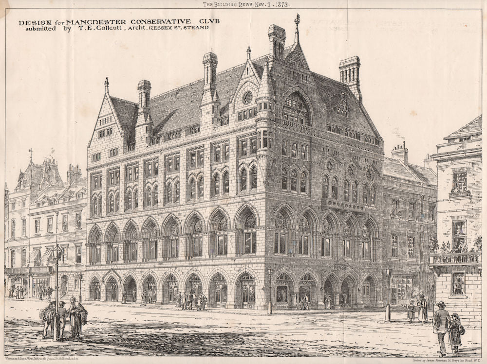 Manchester Conservative Club design by T.E. Collcutt, Architect 1873 old print